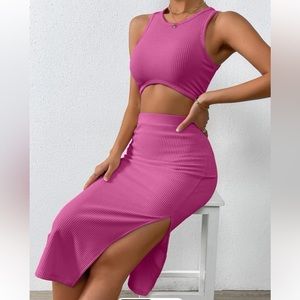 Pink tank top and spilt thigh skirt